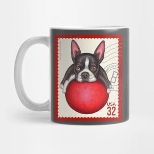 Funny Boston Terrier on Red Ball on classic red trimmed stamp Mug